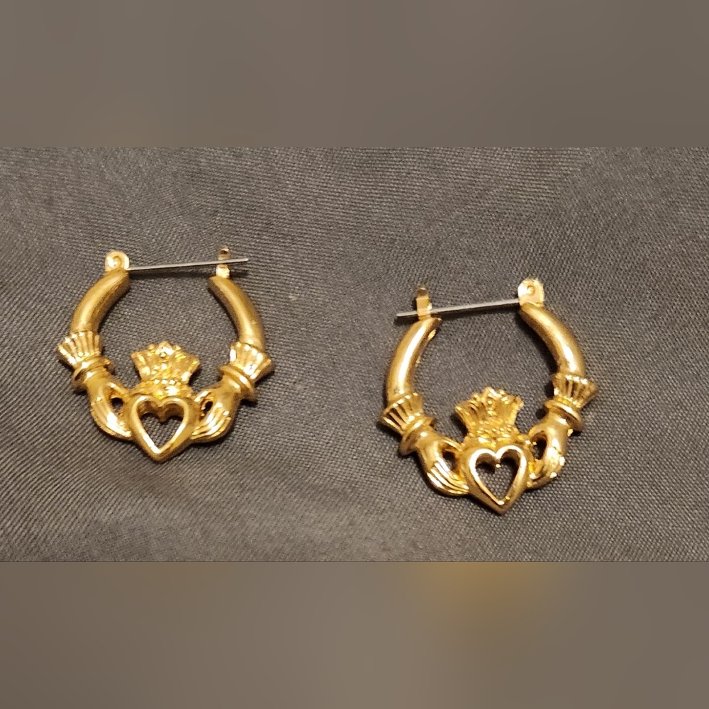 Claddagh Earrings Hoops Gold Tone Hands Heart and Crown Design for Pierced Ears